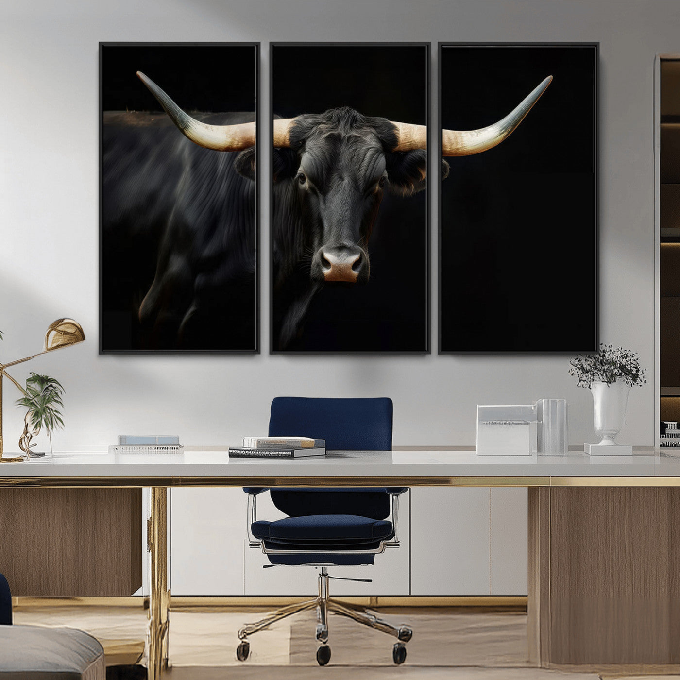 63798-MGV-FC-48X32-3P_Black-Black Bull Wall Art – Majestic Longhorn Canvas Print with Dark Background, Rustic Western Farmhouse Decor for Living Room or Office