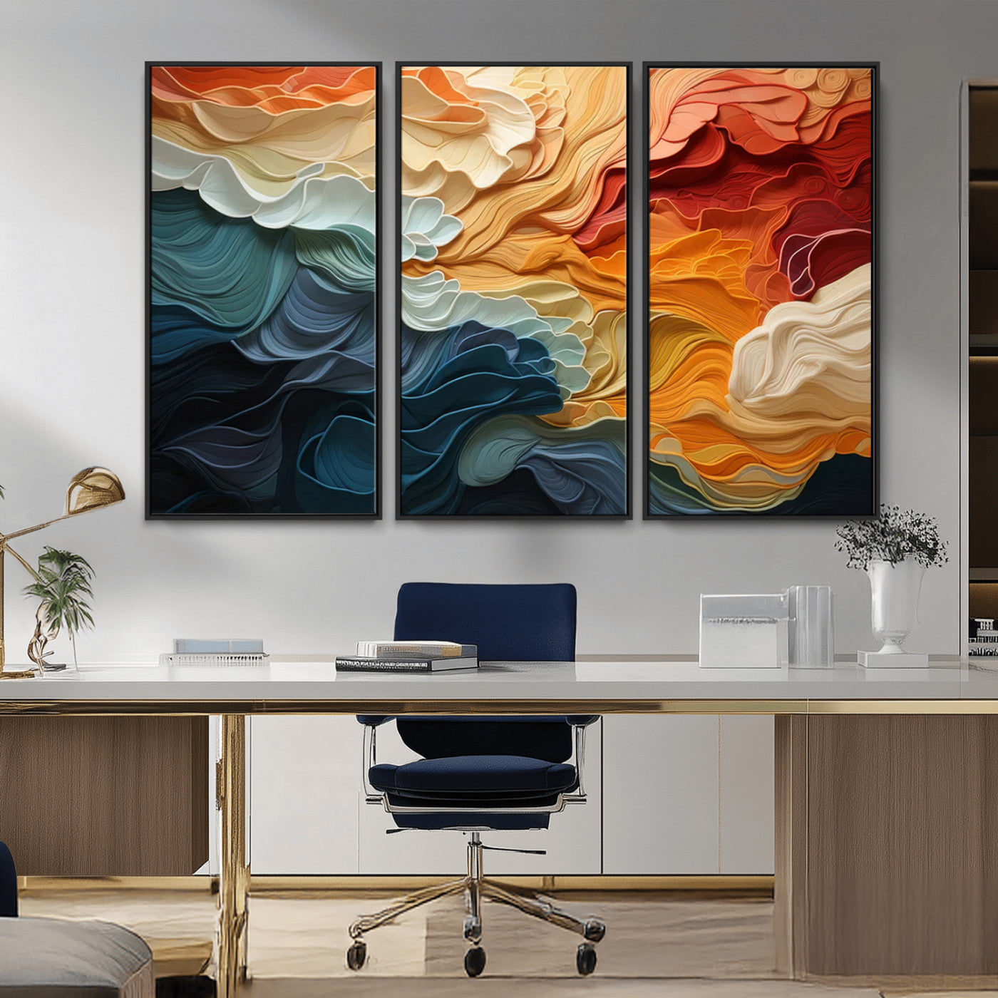 31634-MGV-CV-36X24-Blue Orange Abstract Wave Wall Art Canvas Print, Framed Blue Orange Wave Wall Art