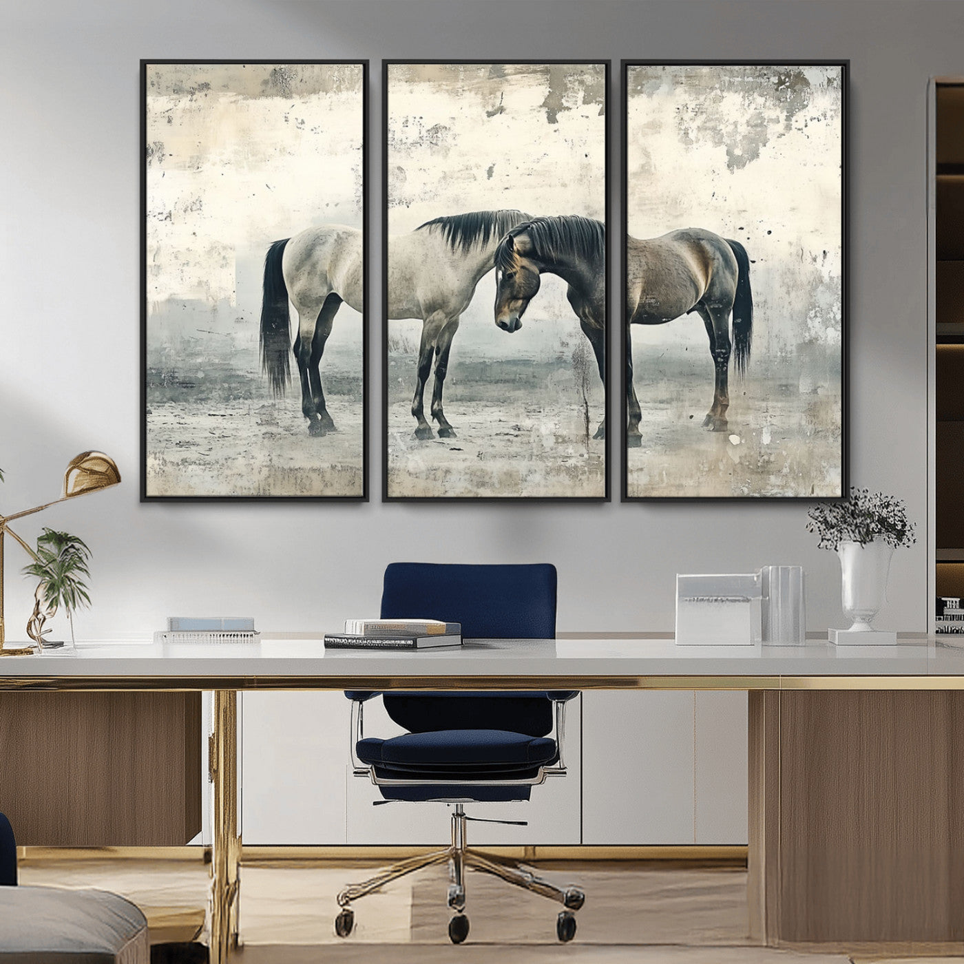 -Chines Style Majestic Horses Wall Art | Ready to Hang and Framed Triptych Print | Western Farmhouse