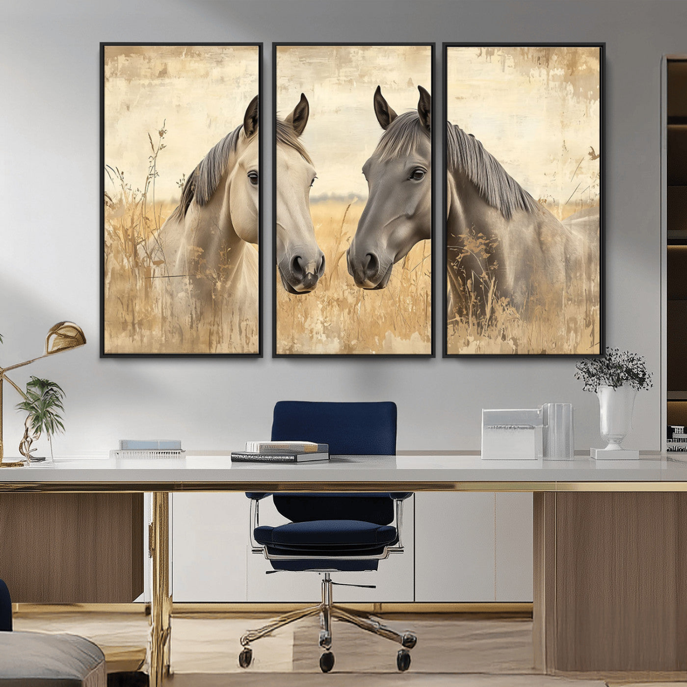 -Chines Ink Style Grunge Horses Wall Art Canvas Print