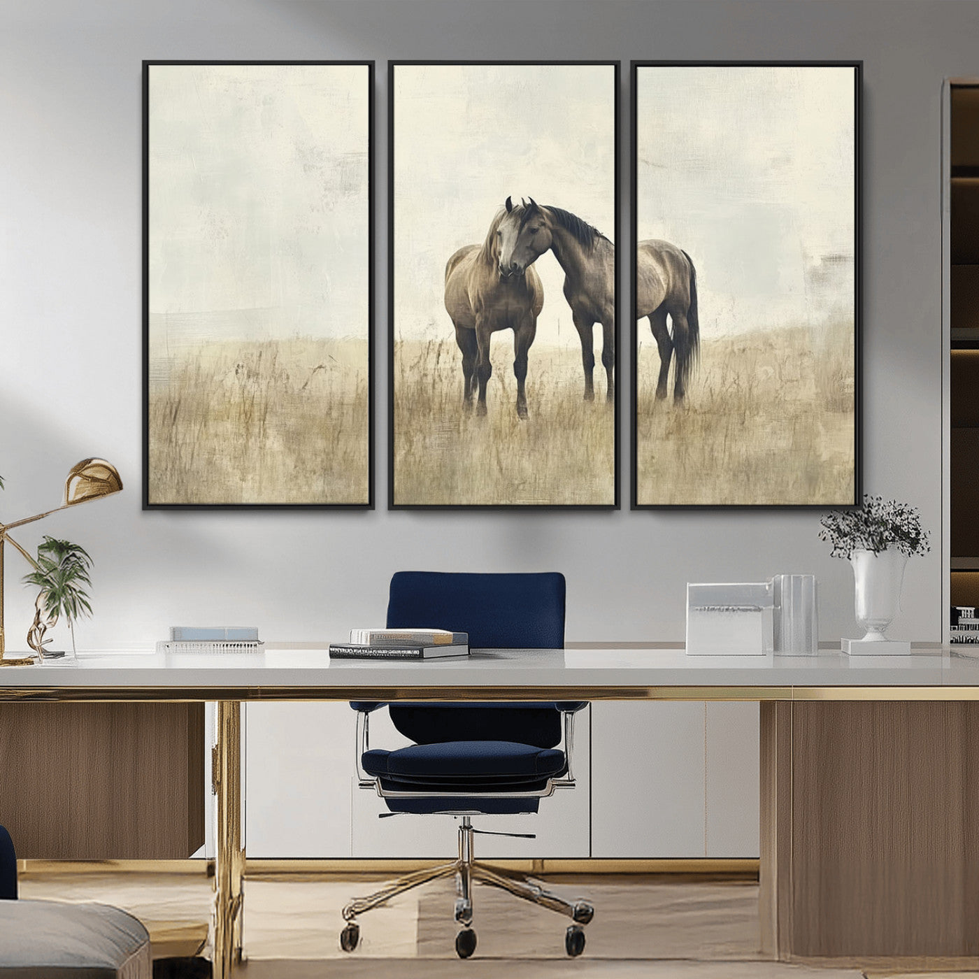 -Chines Style Grunge Horses Wall Art Canvas Print