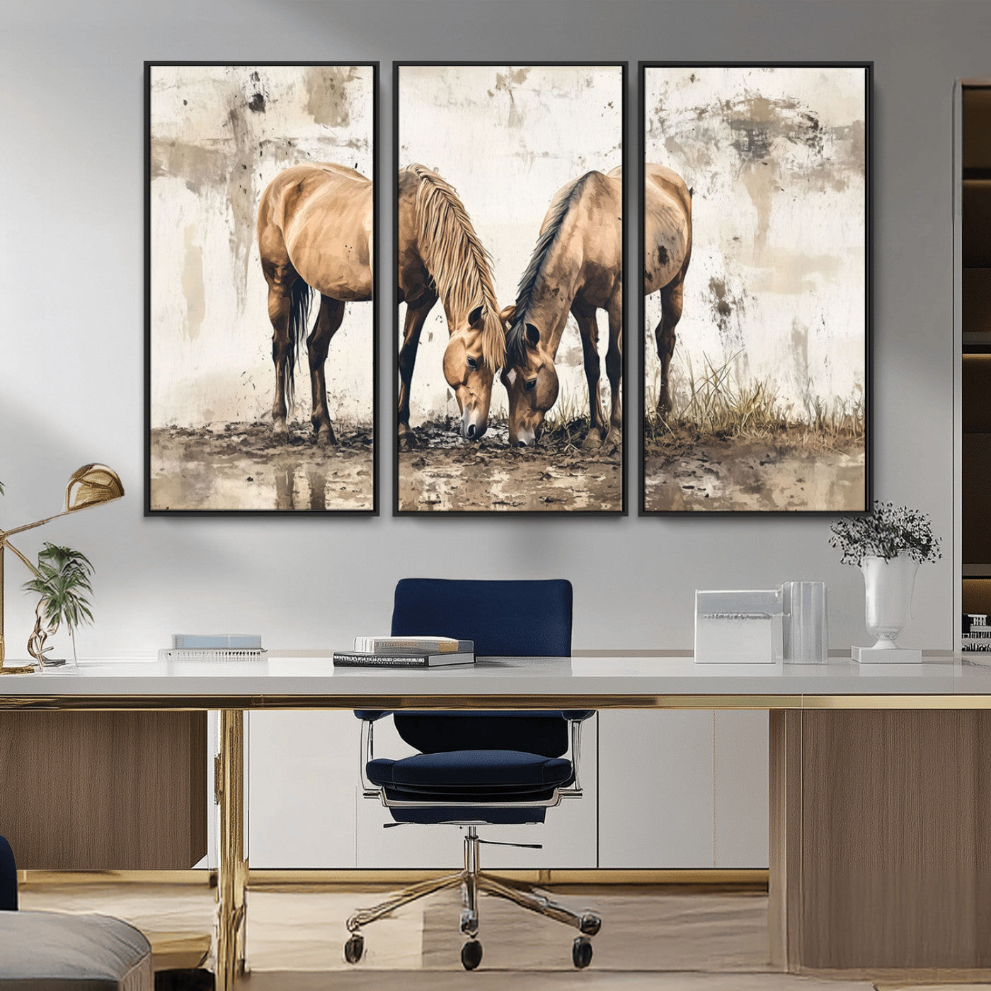 -Vintage Horses Wall Art | Ready to Hang and Framed Triptych | Western Farmhouse Wall Decor for