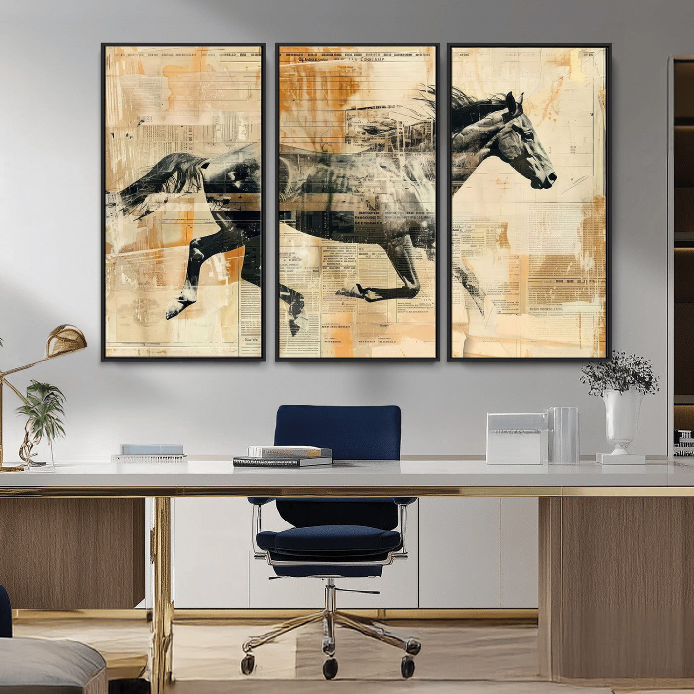 22364-MGV-FC-48X32-3P_Black-Chines Style Running Horse Western Wall Art | Farmhouse Wall Decor | Ready to Hang Framed Canvas