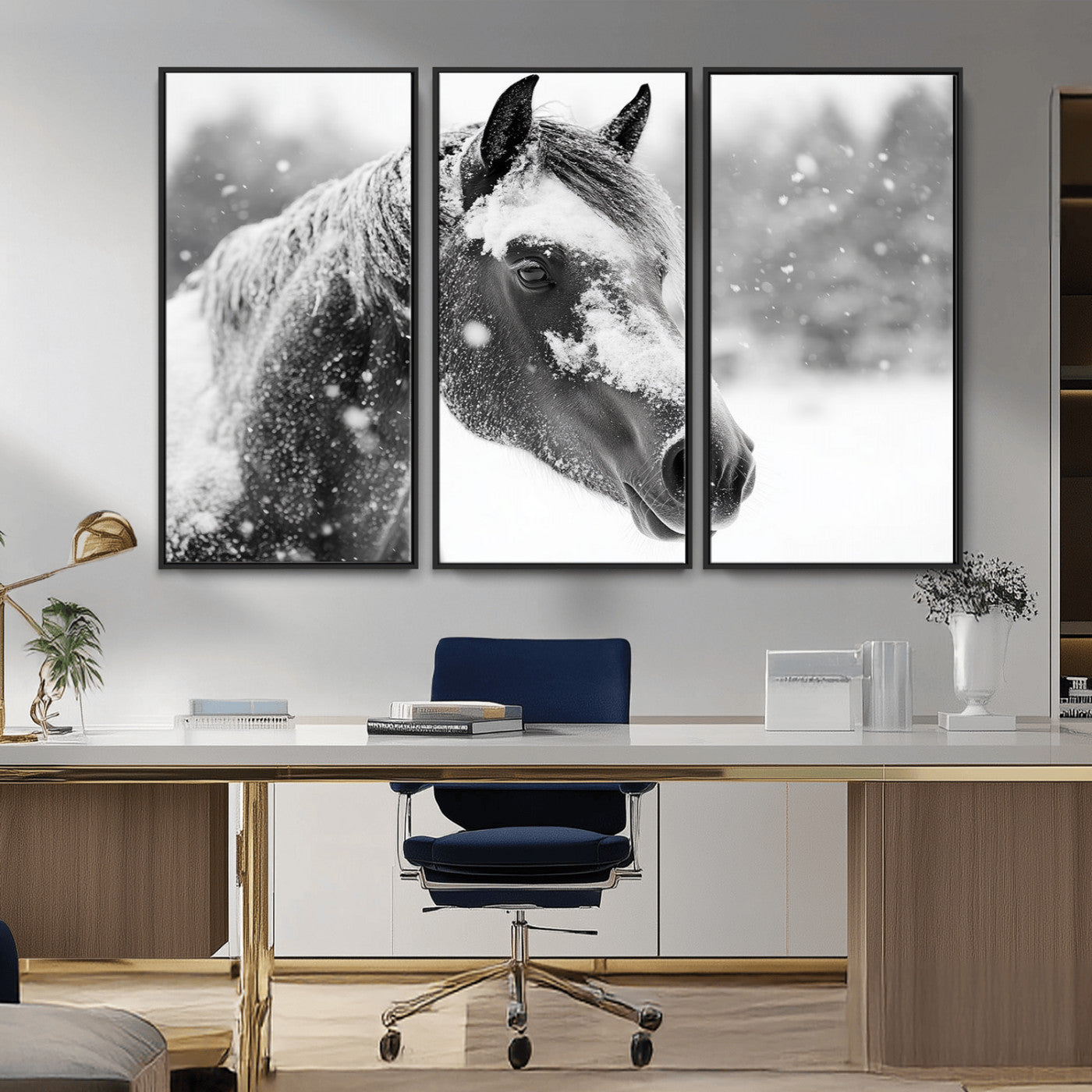 13358-MGV-CV-36X24-Black Horse Winter Wall Art | Ready to Hang and Framed | Farmhouse and Western Wall Decor for Living Room