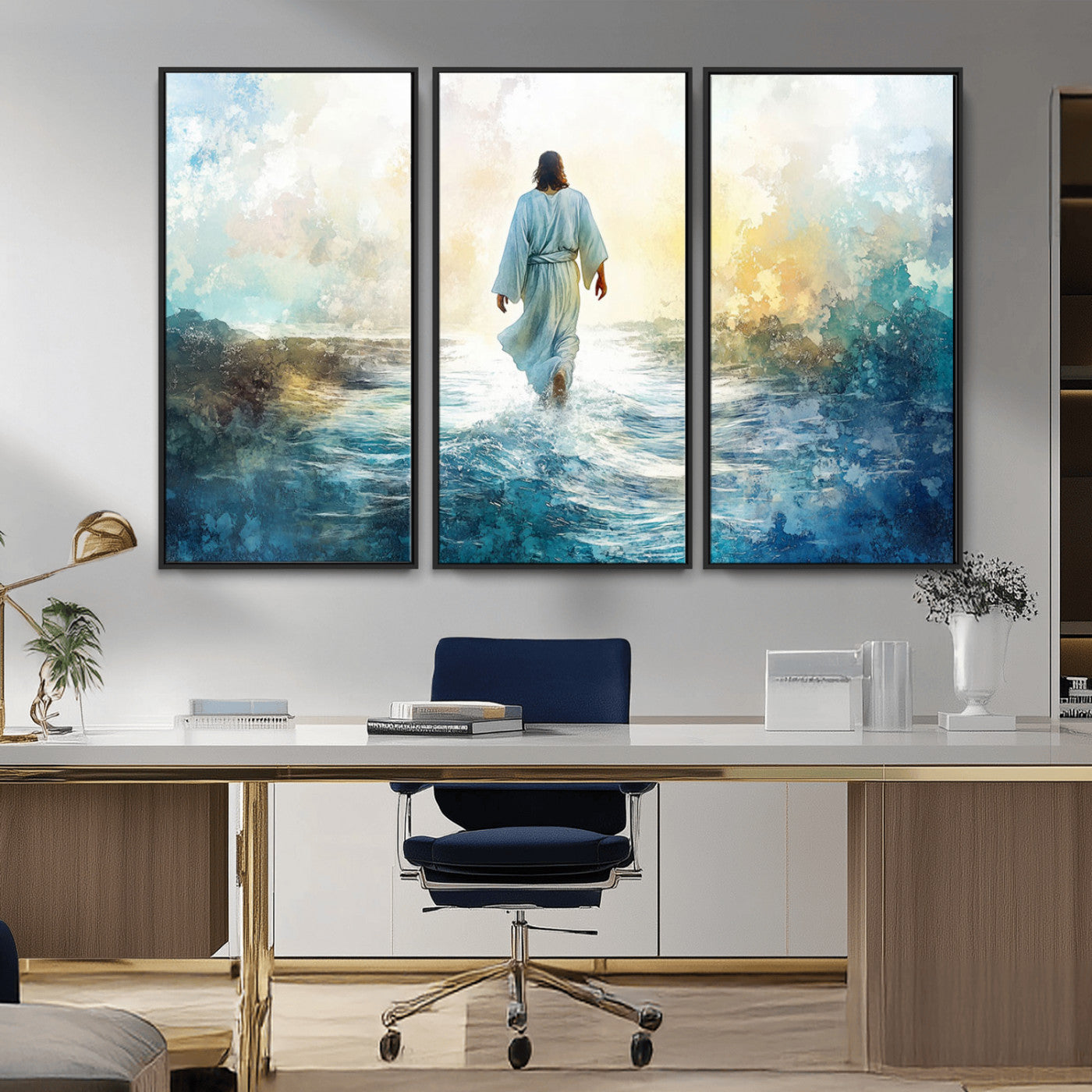 -Watercolor Jesus Walking on Water Canvas Print, Christian Wall Art, Jesus Christ Walking