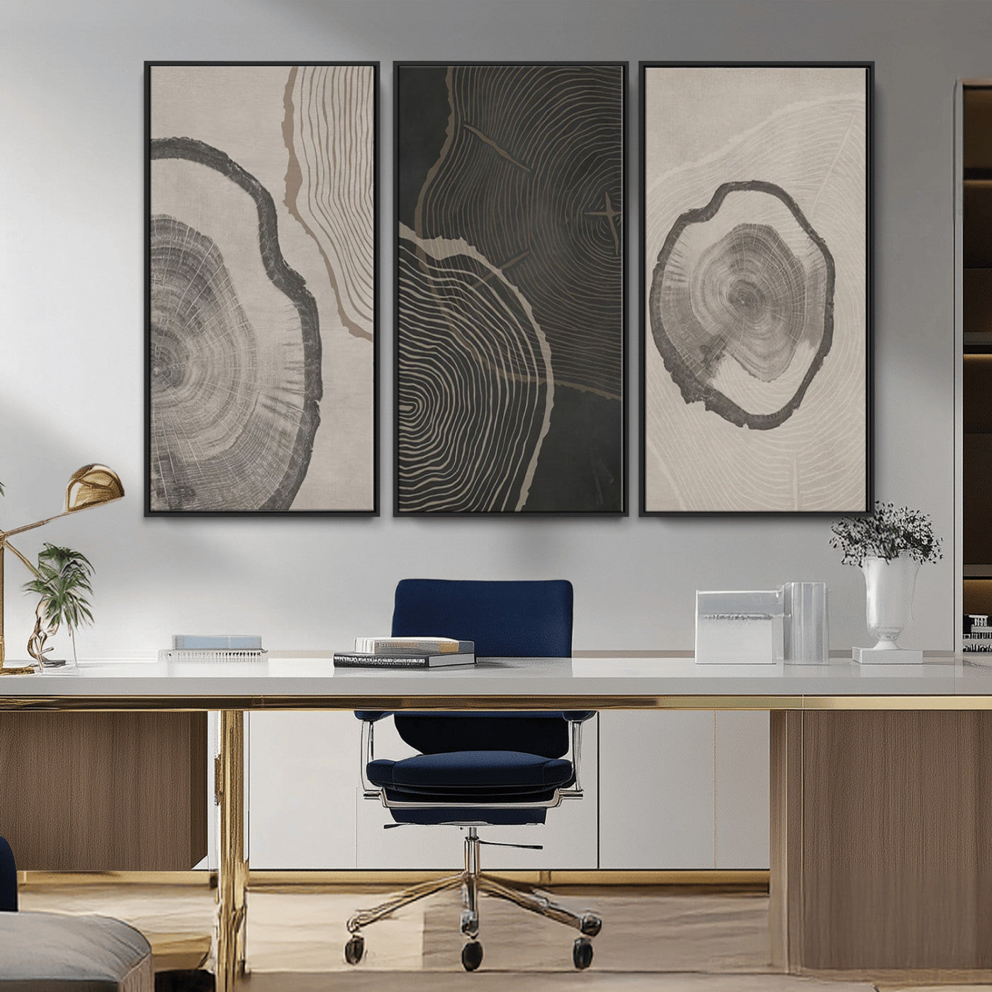 25407-MGV-CV-36X24-Modern Abstract Tree Ring Canvas Art Set | 3 Panel Large Tree Ring Design for Living Room, Office,