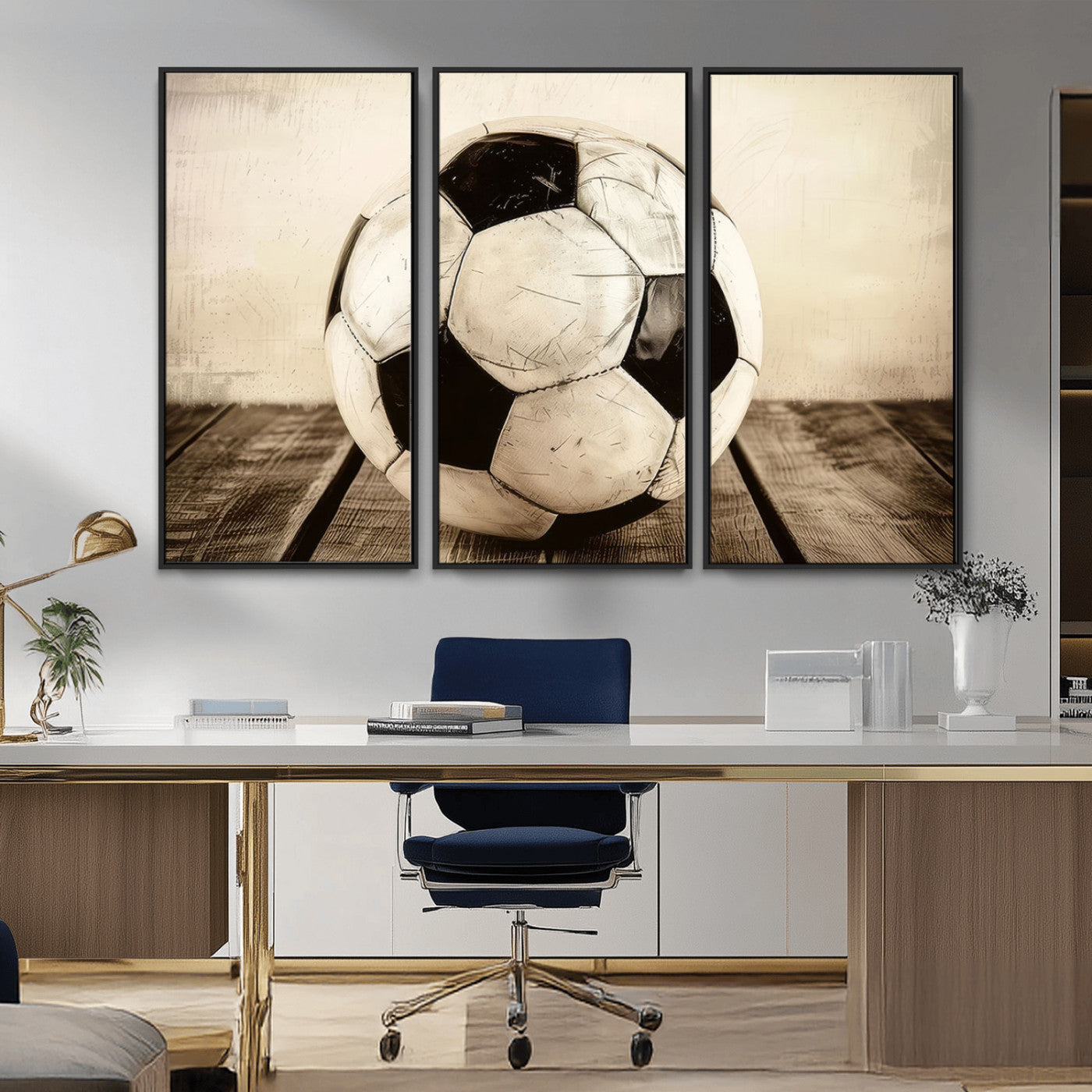 -Vintage Soccer Ball Wall Decor Canvas Art – 3-Panel Soccer Wall Decor, Framed and Ready to Hang