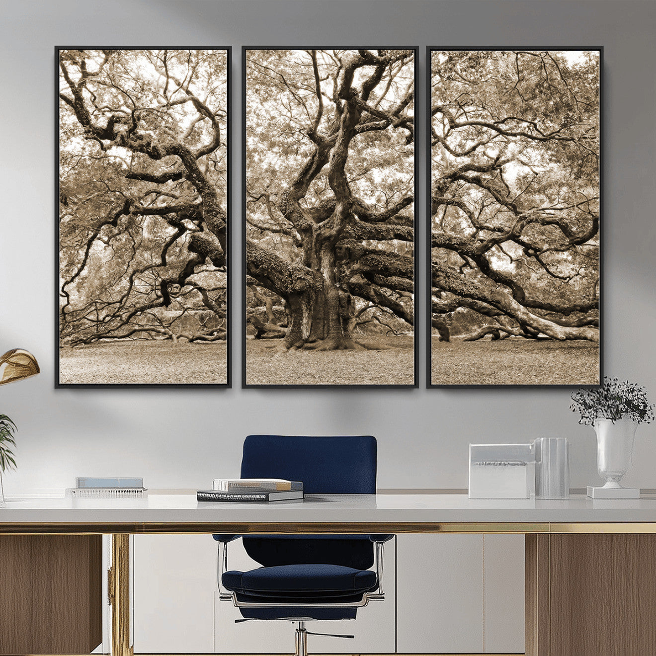 51126-MGV-CV-36X24 - Sepia Framed Angel Oak Tree Wall Art - 3-Panel Canvas Prints, Large Green Nature Artwork, Ready to