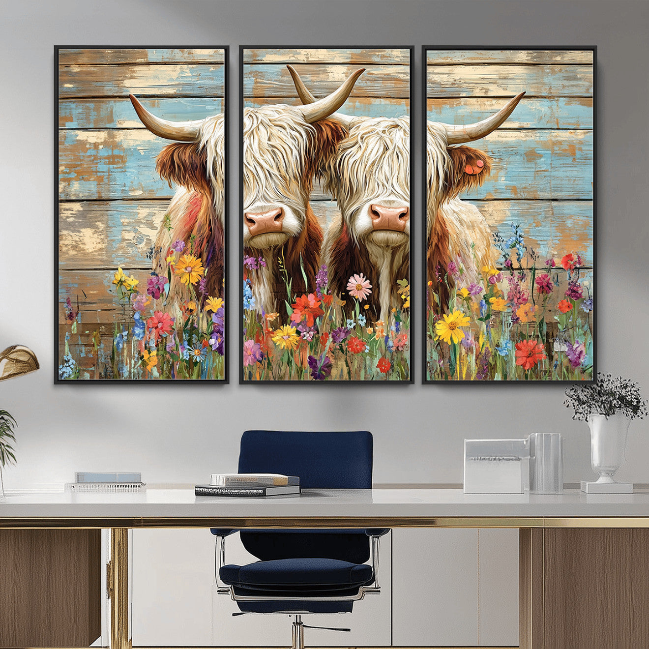 36972-MGV-CV-36X24 - Cute Highland Cow Canvas Wall Art - Rustic Farmhouse Decor with Colorful Flowers Perfect Wall Art