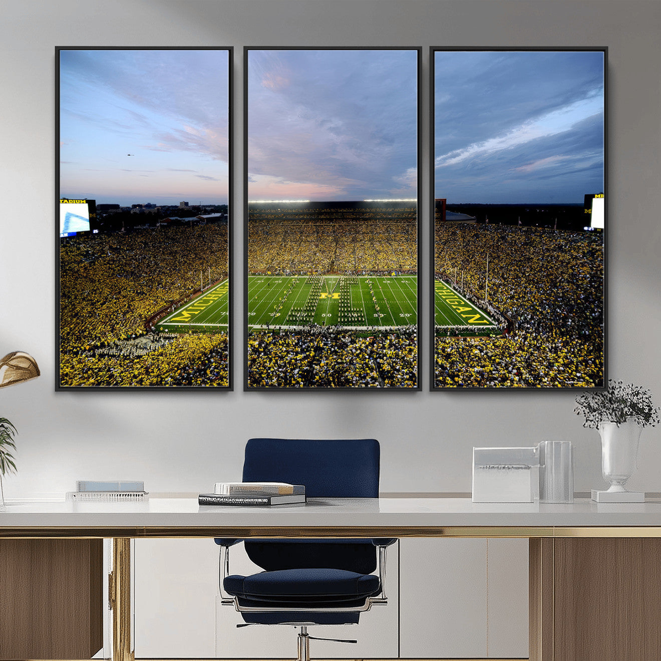 82641-MGV-CV-36X24 - Michigan Stadium Wall Art Canvas Print, Vibrant Game Day Crowd and Sunset Sky Football Field Artwork for Home, Office