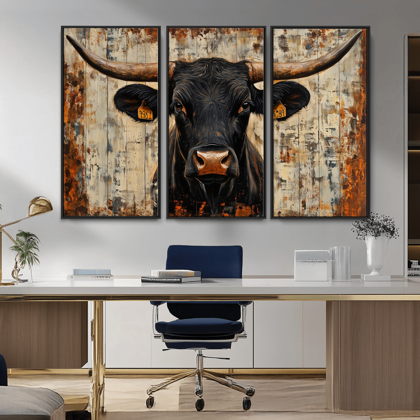 -Rustic Texas Artwork Wall Art Canvas Print - Abstract Cow Longhorn Bull Wall Art Canvas Print