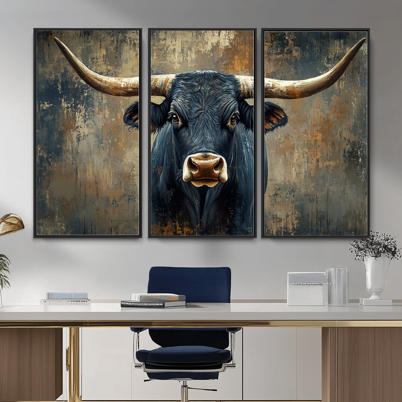 42026-MGV-CV-36X24 - Texas Western Wall Art Canvas Print - Abstract Cow Longhorn Bull Wall Art Canvas Print - Rustic Cow