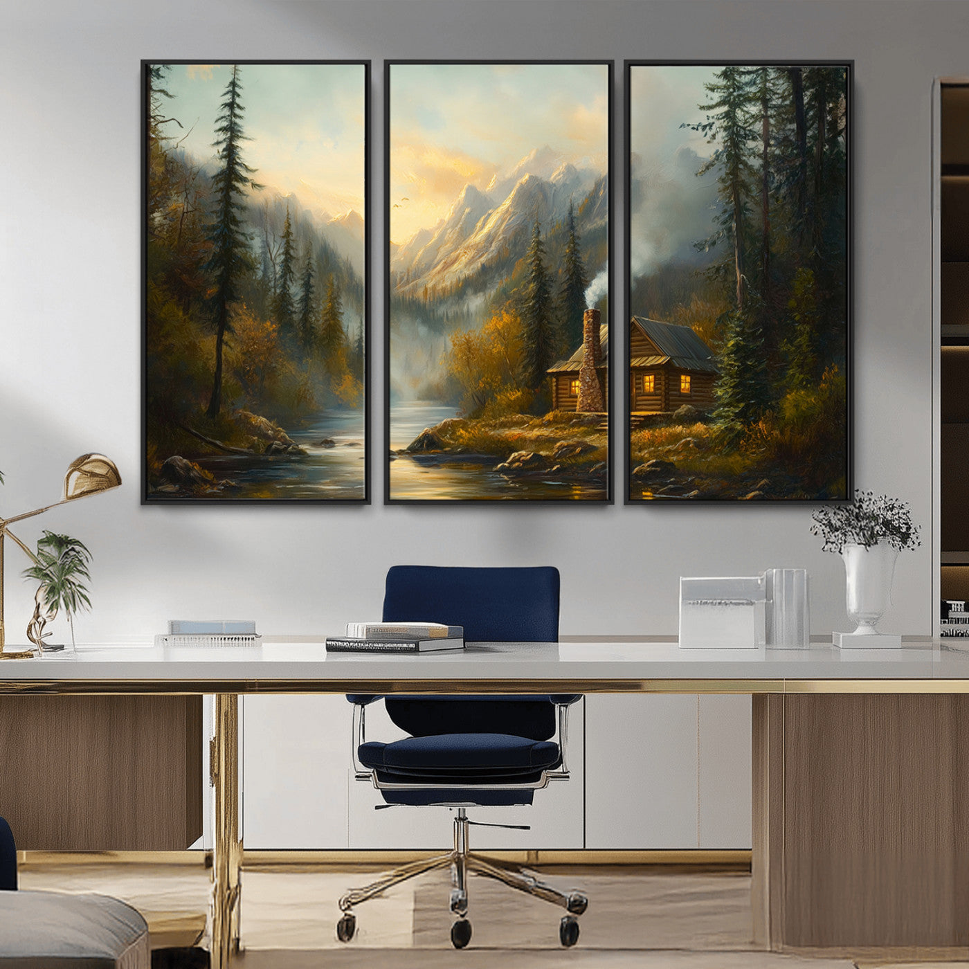 76464-MGV-CV-36X24-Wood Cabin Retreat Mountain at Sunset Wall Art Print - Serene Forest and River Landscape Wall Art