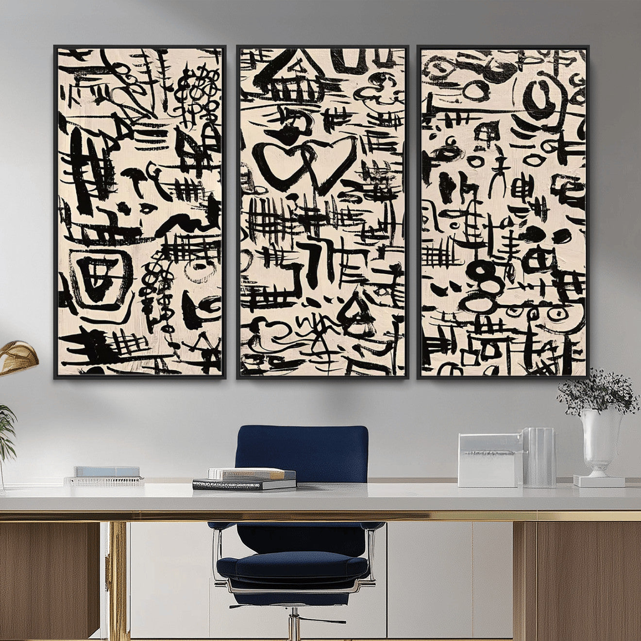 68273-MGV-FC-48X32-3P - Abstract Love and Chaos Canvas Print, Black Symbols on Beige