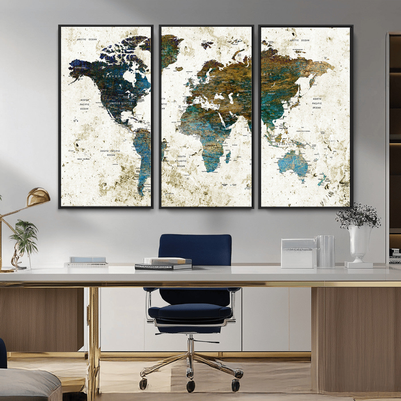 89176-MGV-CV-36X24-Vintage Blue and Brown World Map Canvas Wall Art – Framed Rustic Map Print, Earth Tone Travel Decor for Stylish Home and Office Walls