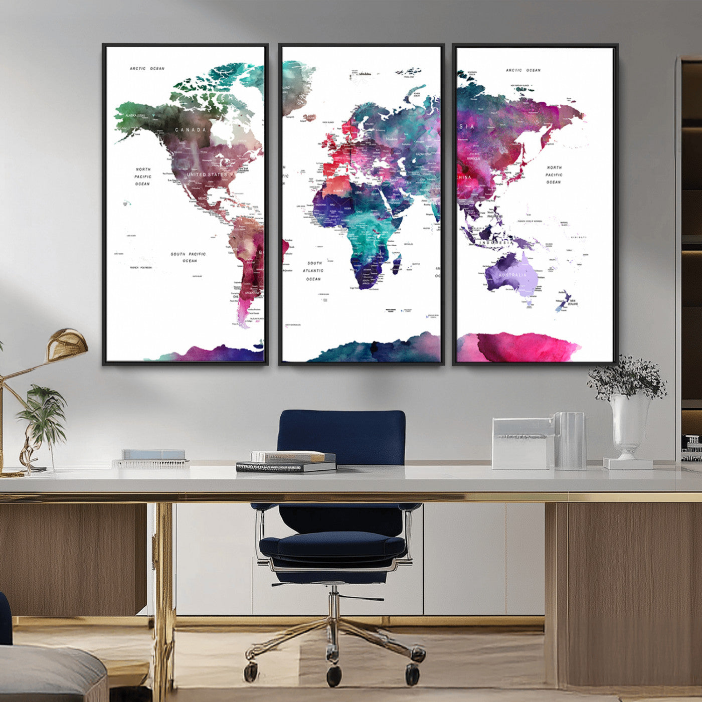 78176-MGV-CV-36X24-Colorful Watercolor World Map Canvas Wall Art – Framed Modern Map Print, Vibrant Travel Inspired Artwork for Home and Office Decor