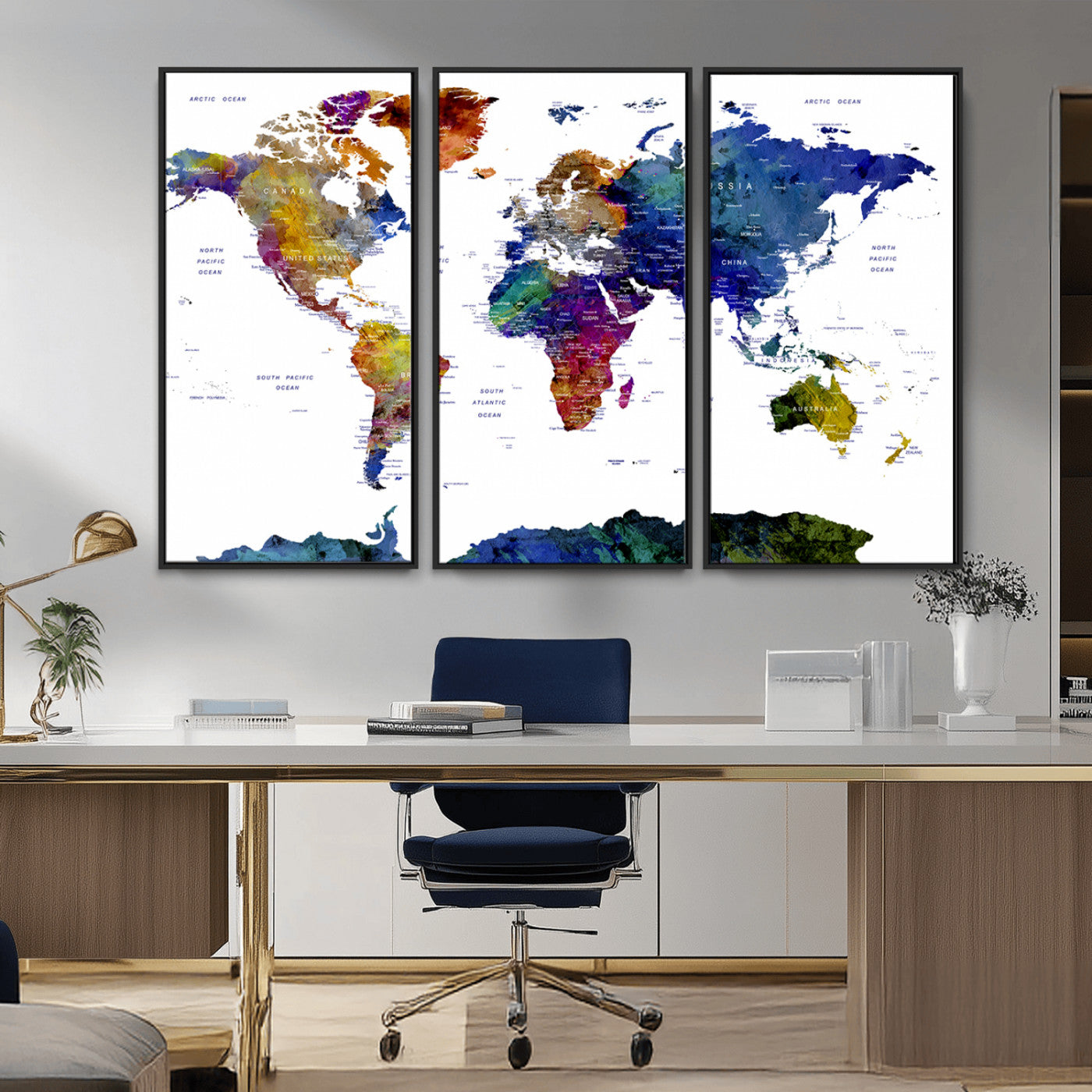 90446-MGV-CV-36X24-Colorful Watercolor World Map Canvas Wall Art – Framed Modern Push Pin Travel Map for Home and Office Decor