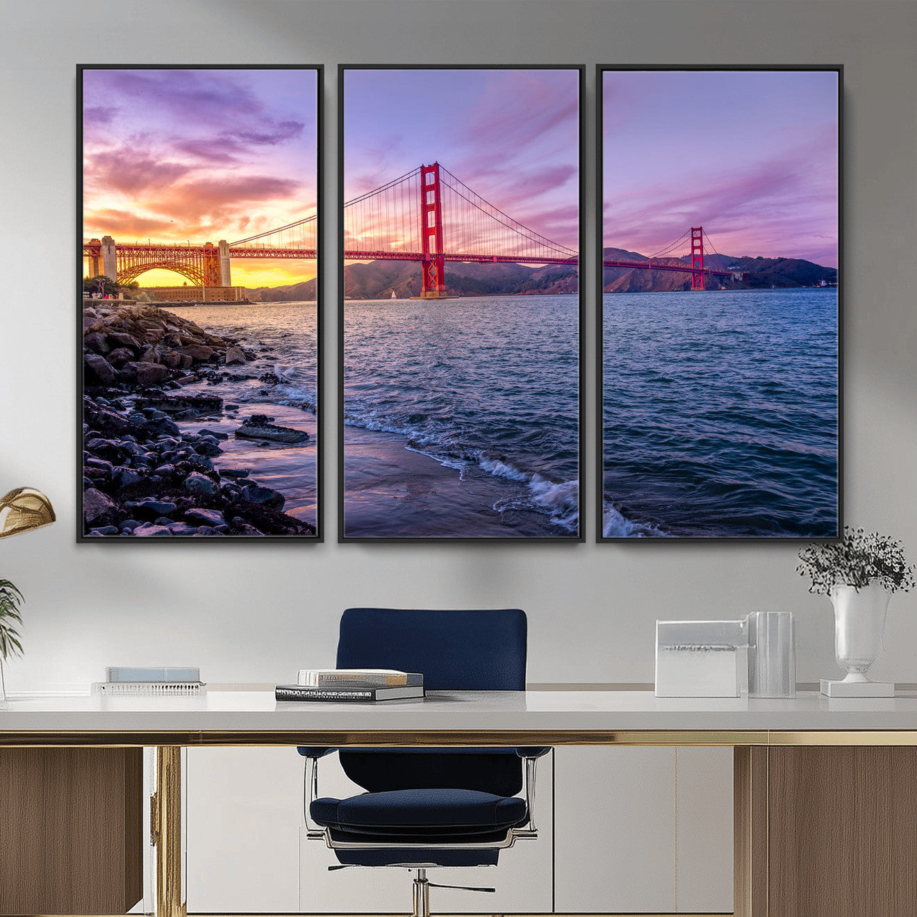 24256-MGV-CV-36X24 - Golden Gate Bridge Wall Art Print, San Francisco Sunset Canvas Wall Art, Cityscape Canvas Print for