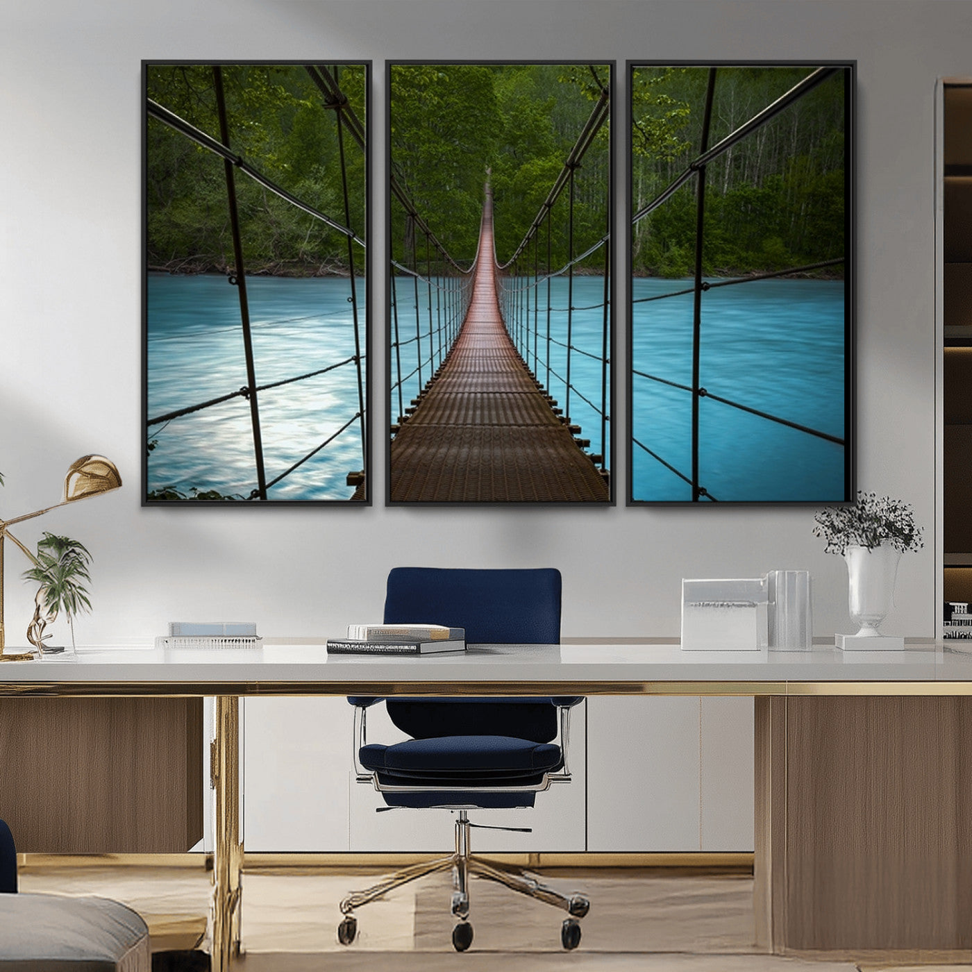 70229-MGV-FC-48X32-3P_Black-Suspension Bridge Over River Canvas Art | 3-Panel Nature Photography | Scenic Wall Art for Living