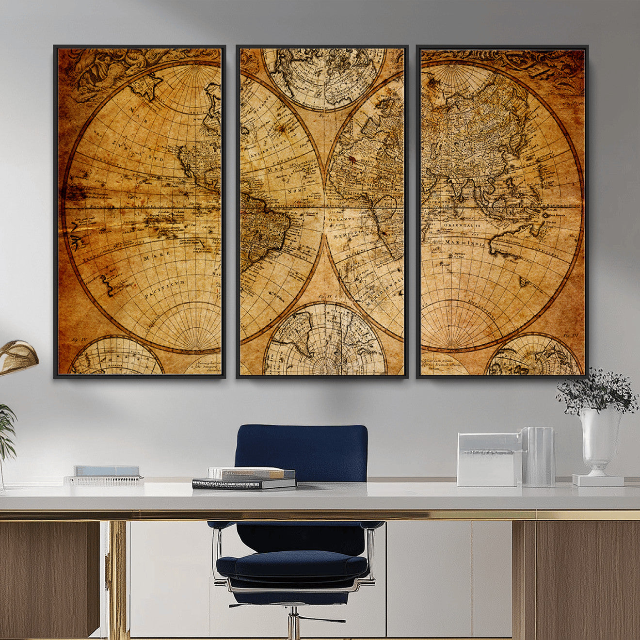 25517-MGV-FC-48X32-3P - Vintage World Map Canvas Print – Antique Push Pin Travel Map, Framed Wall Art for Home or Office Decor