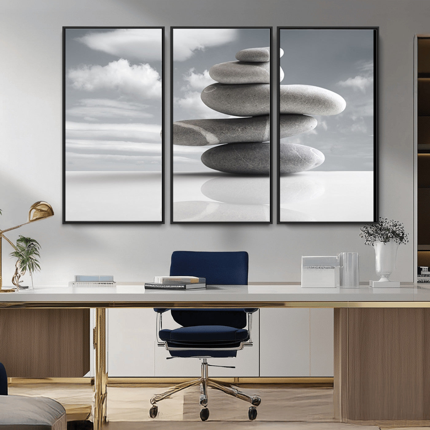 -Still Life Black and White Zen Stones Wall Art Canvas, Framed Black and White Zen Stones Canvas