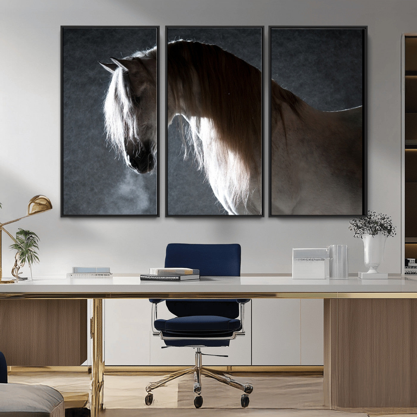 -Large Wall Art Cream Colored Horse on Grey Background Canvas Print