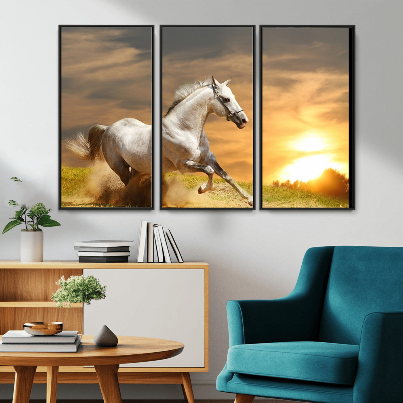 -Large Wall Art Galloping White Horse at Sunset Canvas Print