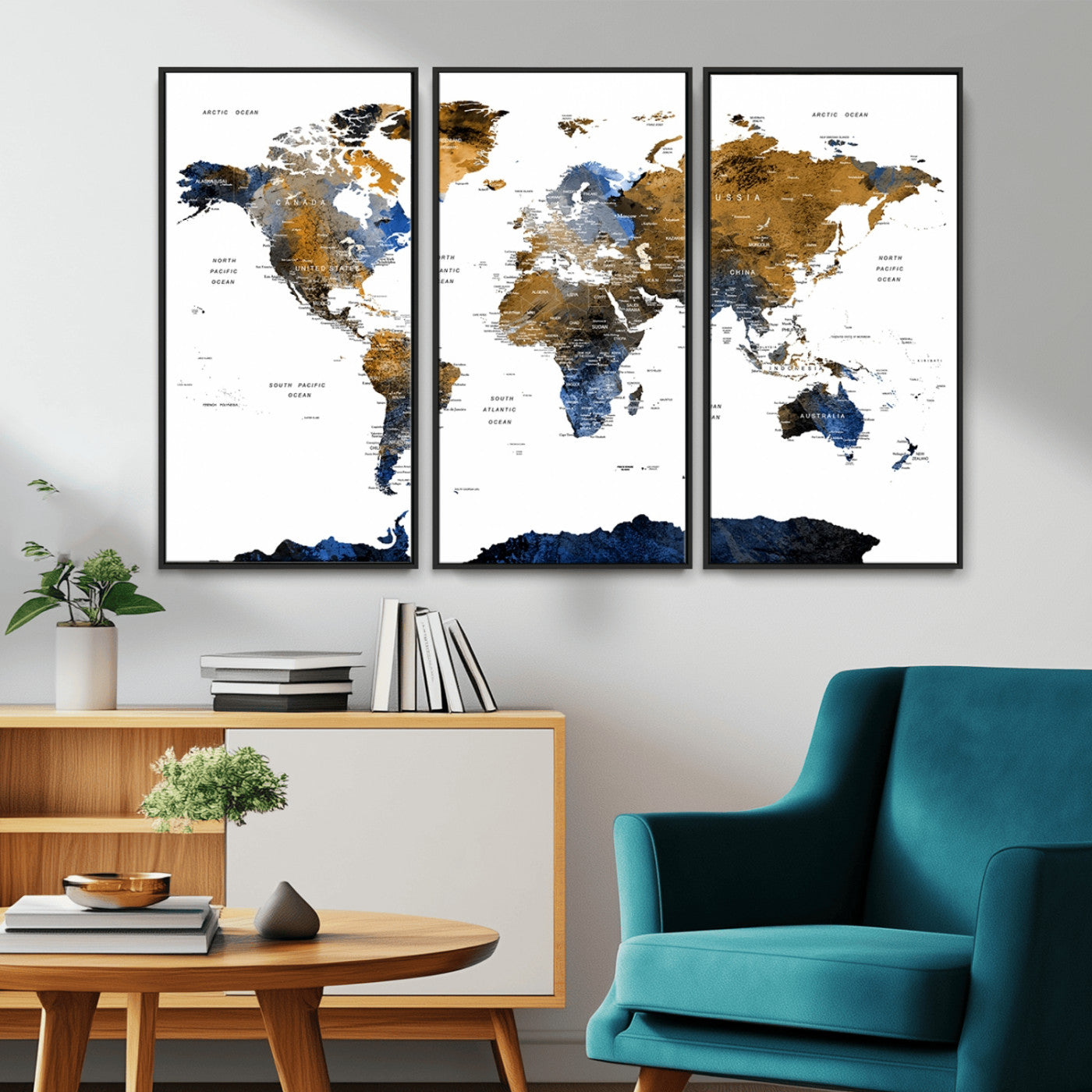 56231-MGV-CV-36X24-Navy and Gold World Map Canvas Wall Art – Framed Modern World Map Print, Elegant Travel Inspired Artwork for Home and Office Decor
