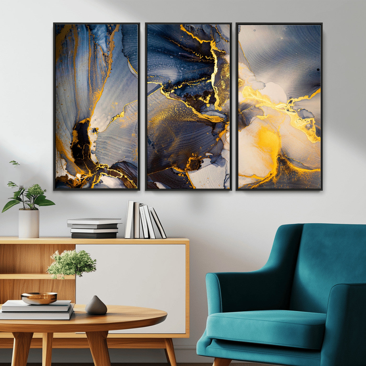 42100-MGV-CV-36X24-Large Abstract Wall Art Print - Gold and Blue Abstract Canvas Wall Art | Fluid Ink Modern Luxury