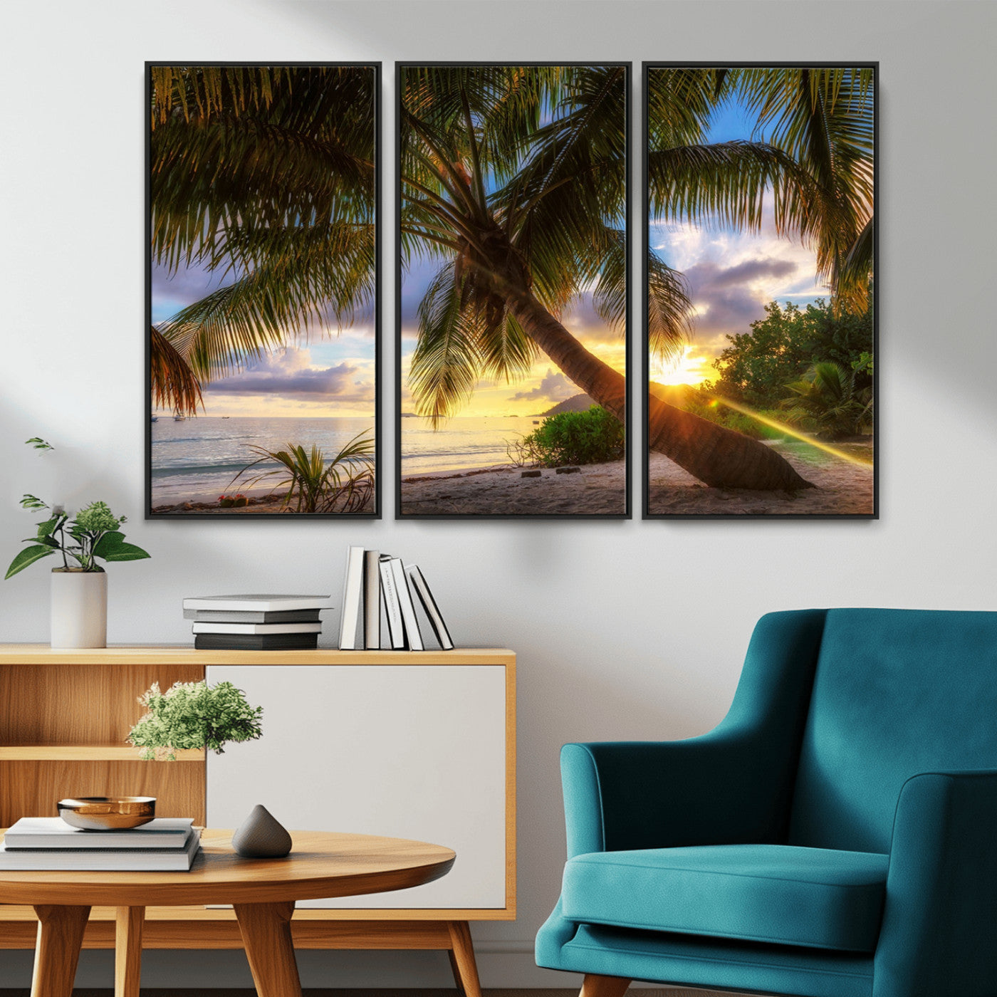 -Tropical Island Sunset on the Beach Palms Wall Art Canvas Print