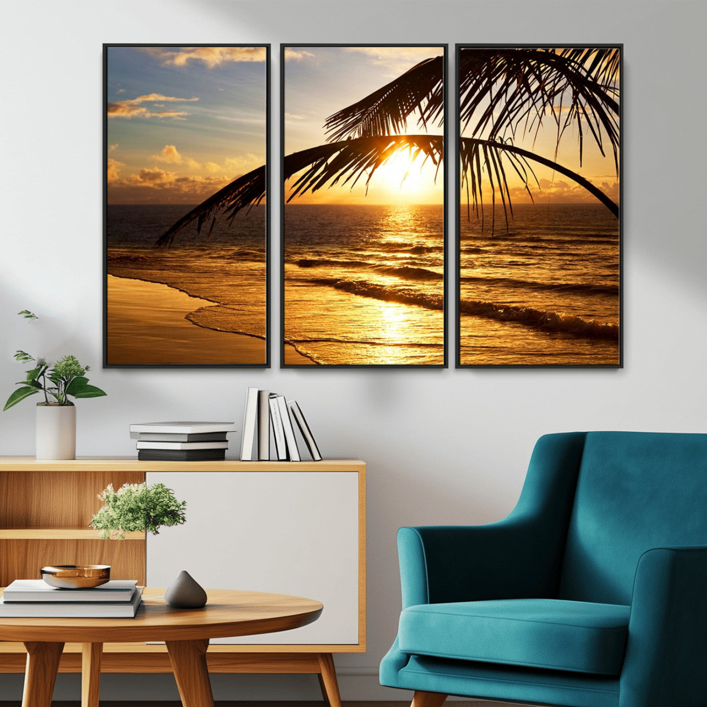 41507-MGV-FC-48X32-3P_Black-Golden Tropical Beach Sunset Canvas Triptych, Coastal Palm Tree Wall Art, Ocean Shoreline Giclee