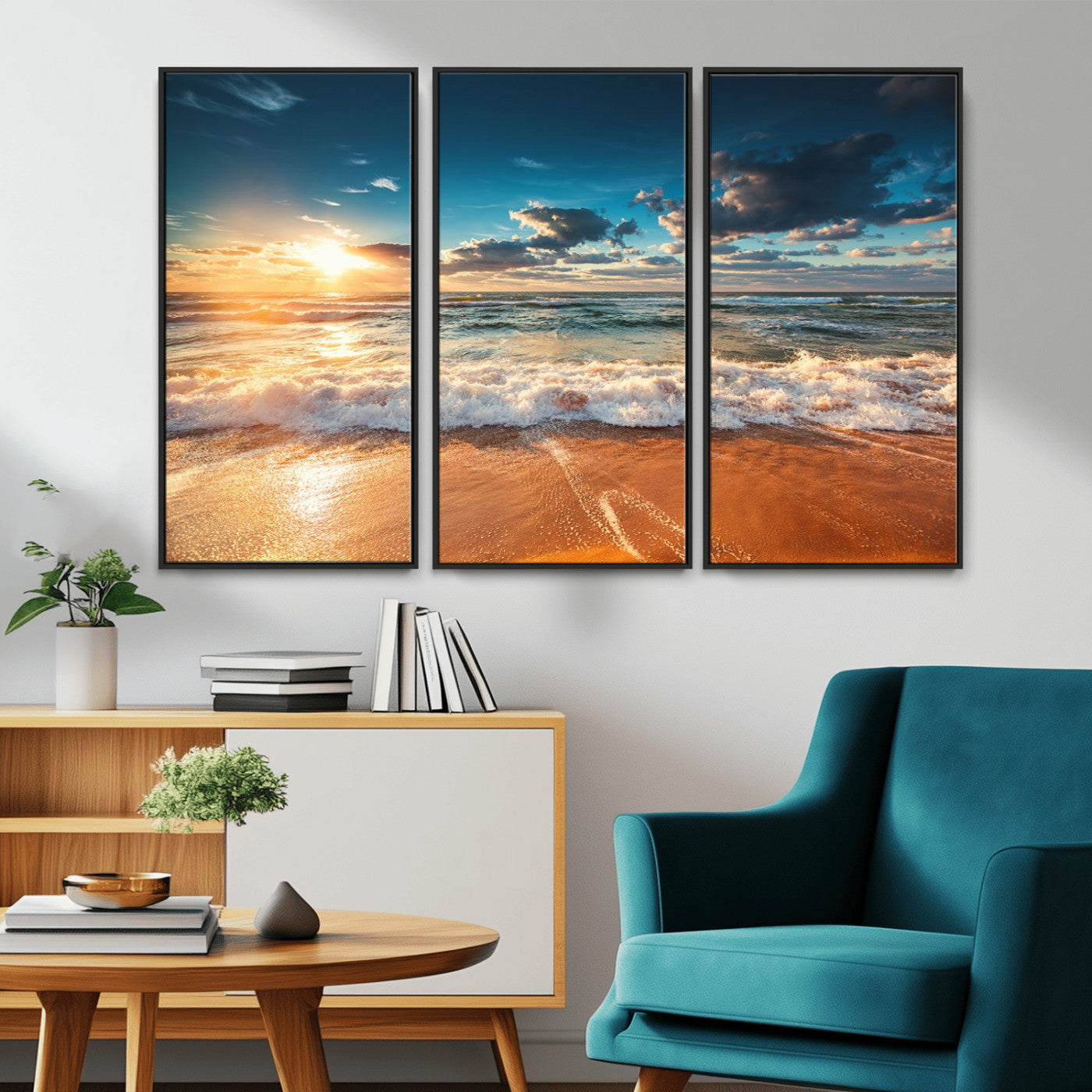 -Golden Sunset Beach Triptych Canvas Art, Giclee Coastal Wall Decor, Ocean Waves Print, Modern Beach