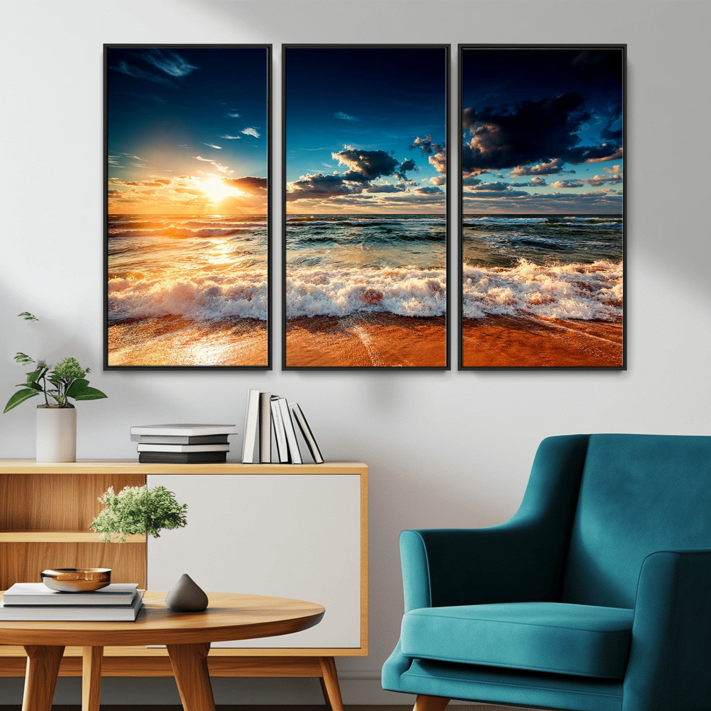 -Golden Hour Sunset Over Ocean Waves Wall Art Canvas Print | 3 Panel Coastal Landscape Canvas Wall