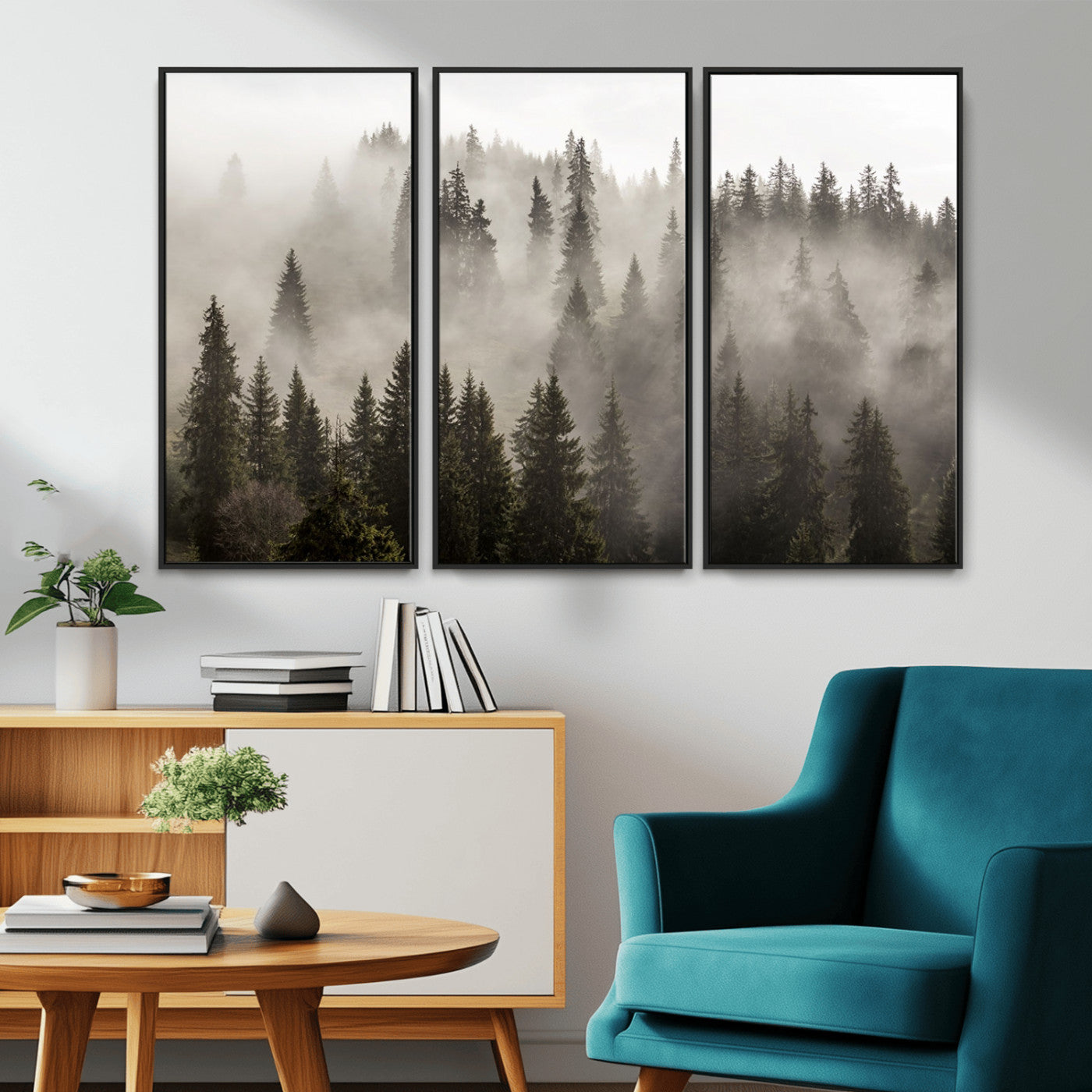 62862-MGV-CV-36X24-Foggy Mountain Wall Art | 3-Panel Foggy Forest and Mountain Landscape | Large Giclee Print for