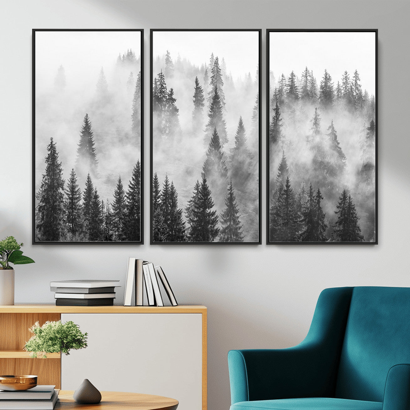 10422-MGV-CV-36X24 - Forest Wall Art Print | Foggy Pine Forest Canvas Wall Art - Black and White Nature Decor for Living