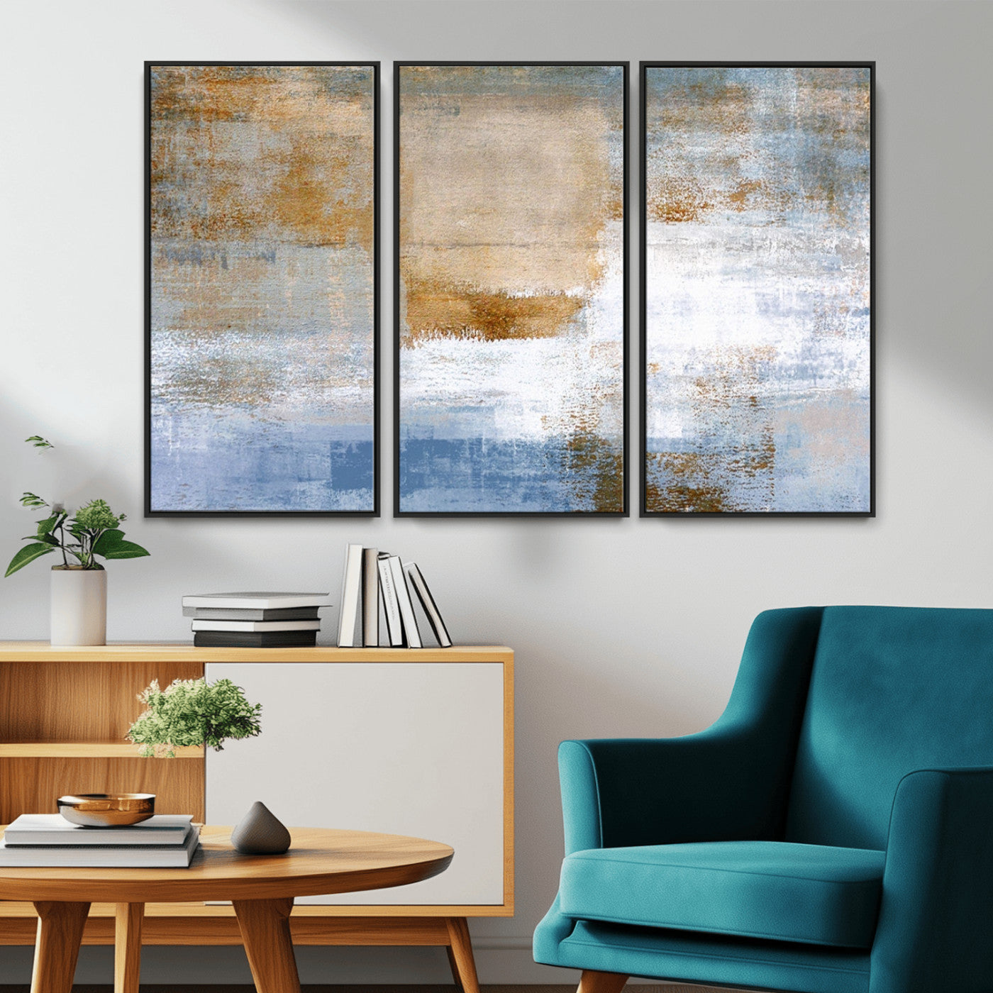 72354-MGV-CV-36X24-Blue Multi Panel Abstract Wall Art Canvas, Abstract Blue and Gold Canvas Print