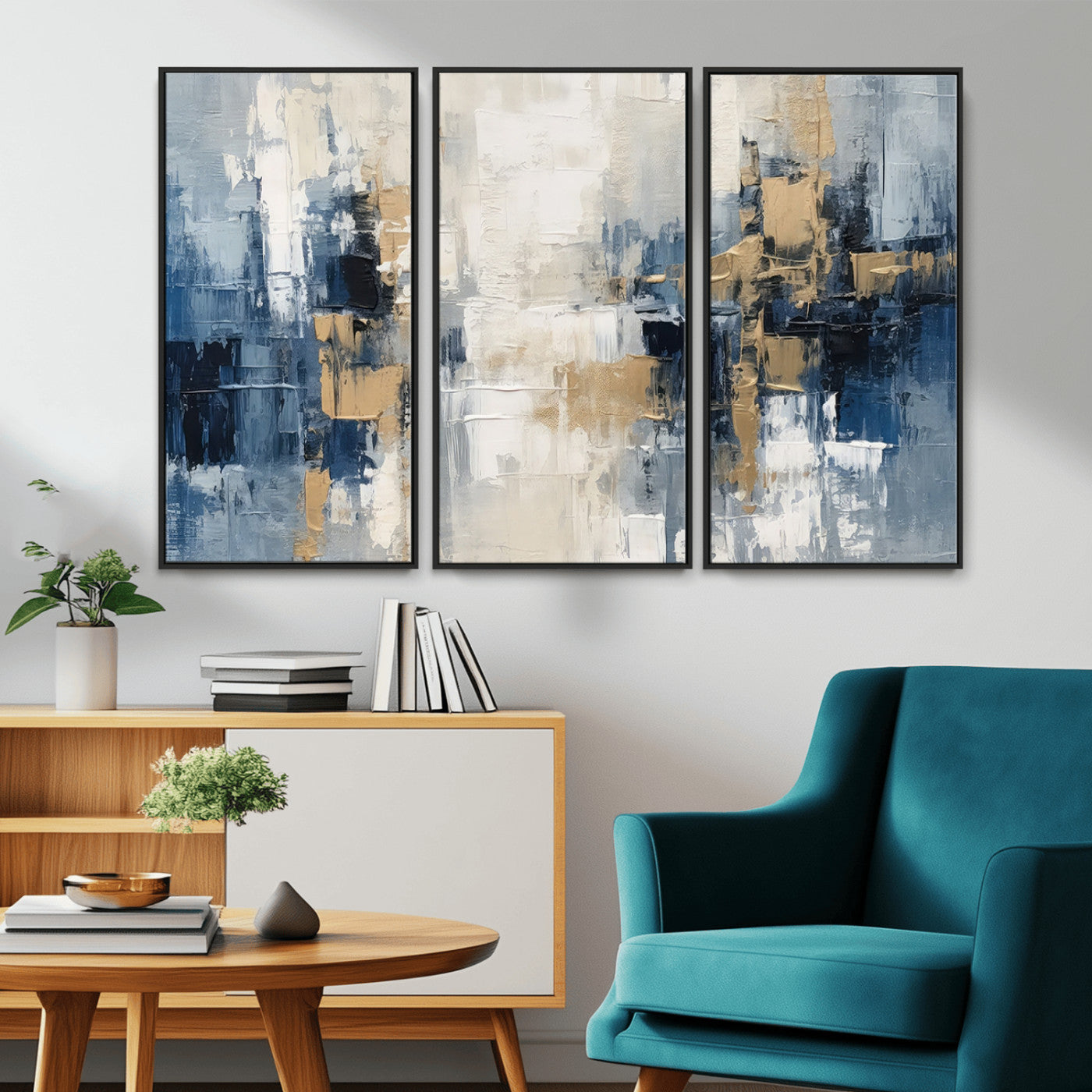 44344-MGV-FC-48X32-3P_Black-Modern Abstract Canvas Wall Art in Blue and Gold Tones | Large Contemporary Art for Living Room,