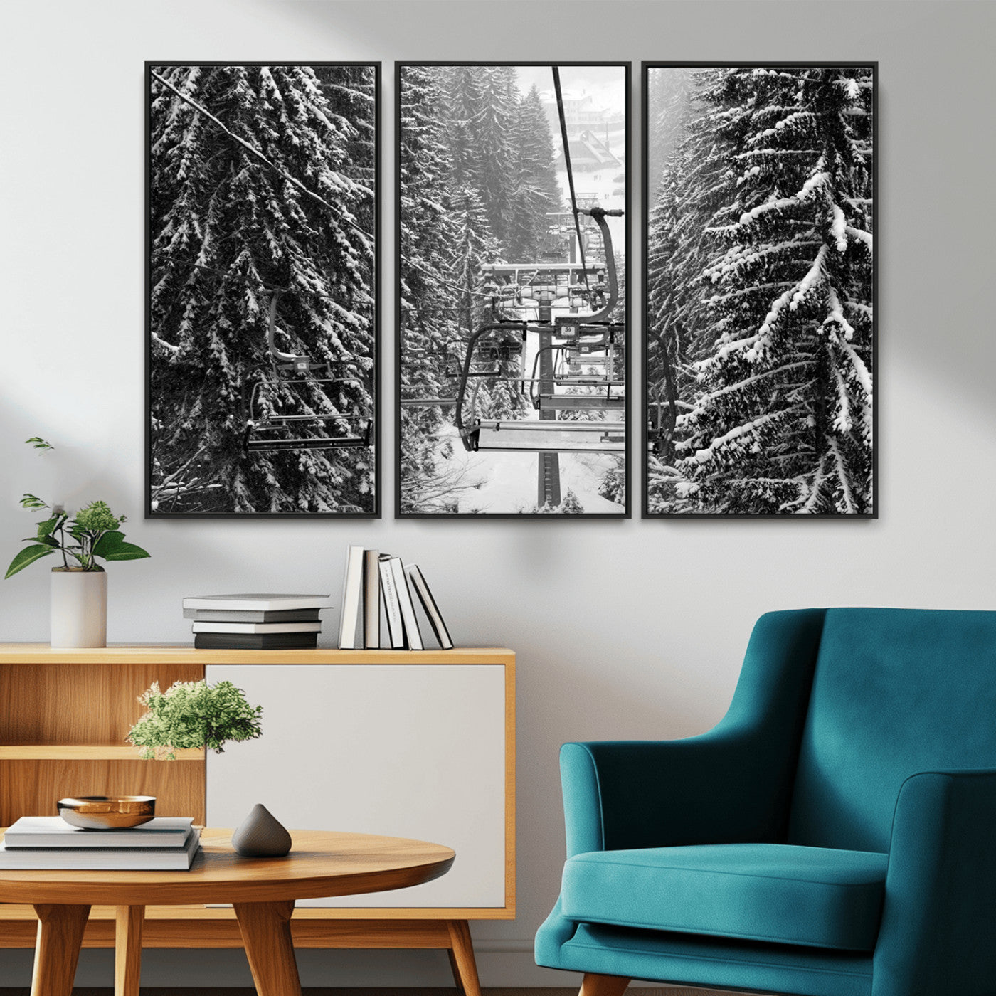 19240-MGV-CV-36X24-Winter Ski Lift Black and White Canvas Wall Art – Alpine Escape in Minimalist Style – Winter Ski