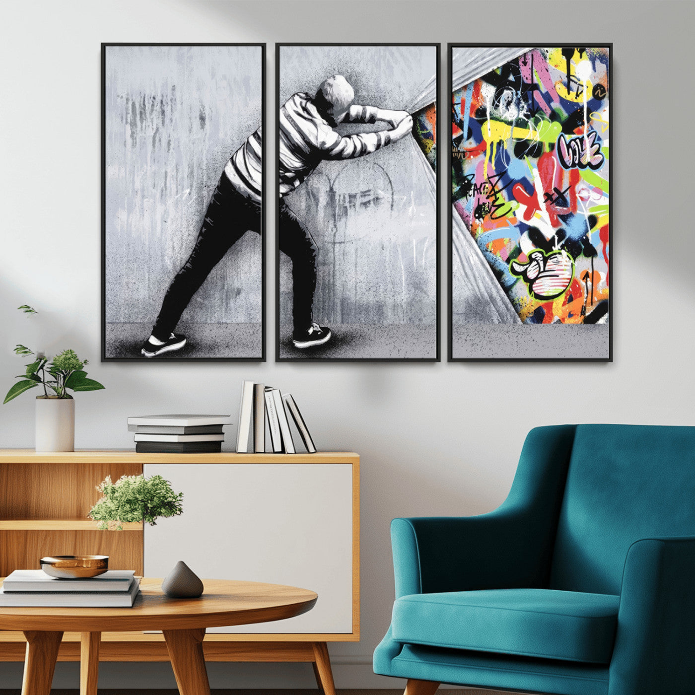 52252-MGV-CV-36X24-Banksy Art Behind the Curtain Street Wall Art Canvas Print | 3-Panel Urban Graffiti-Inspired Wall