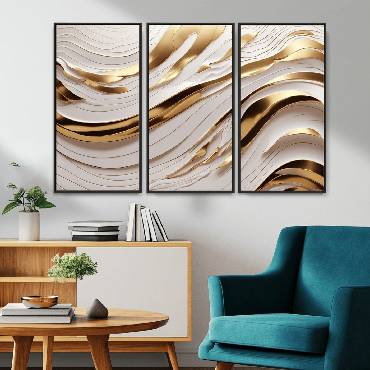 81197-MGV-CV-36X24-Gold and White Abstract Wave Canvas – Elegant Flowing Design with Luxurious Golden Accents –