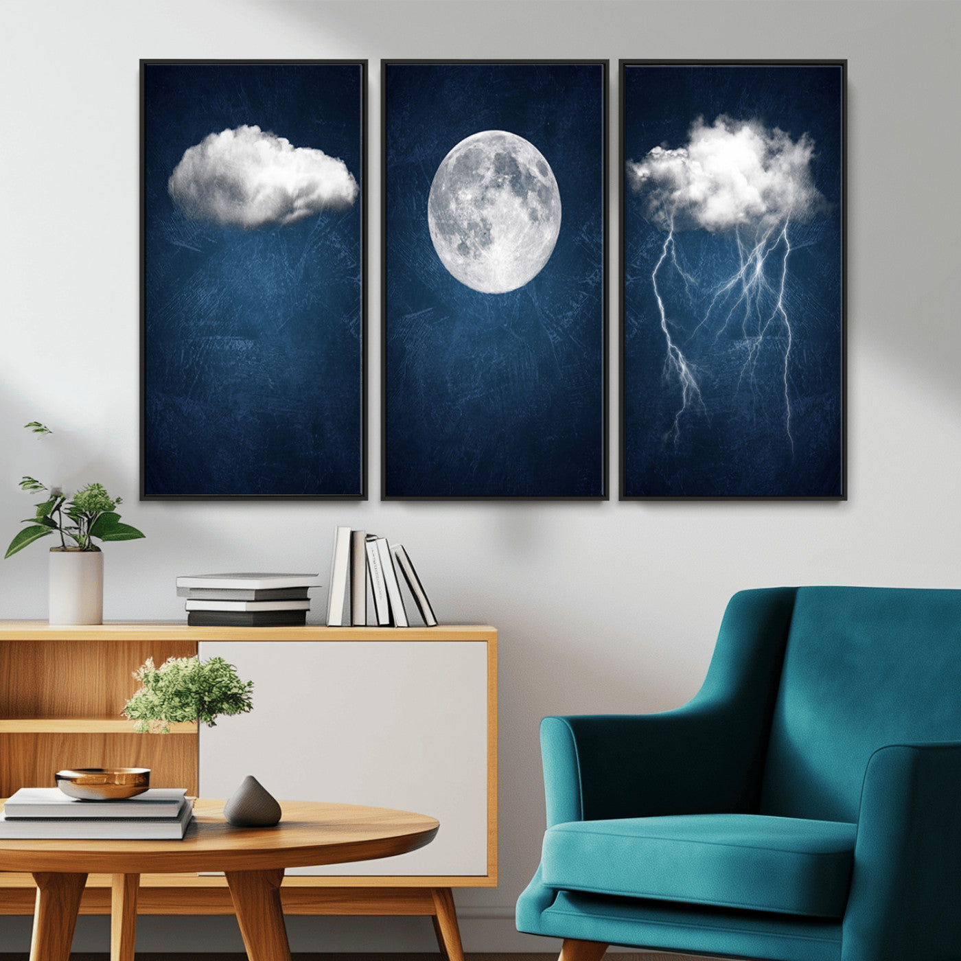 96569-MGV-CV-36X24-Dark Blue Cloud Art, 3 Piece Indigo Blue Wall Art, Aesthetic Surreal Art, Thunderstorm Moon Cloud