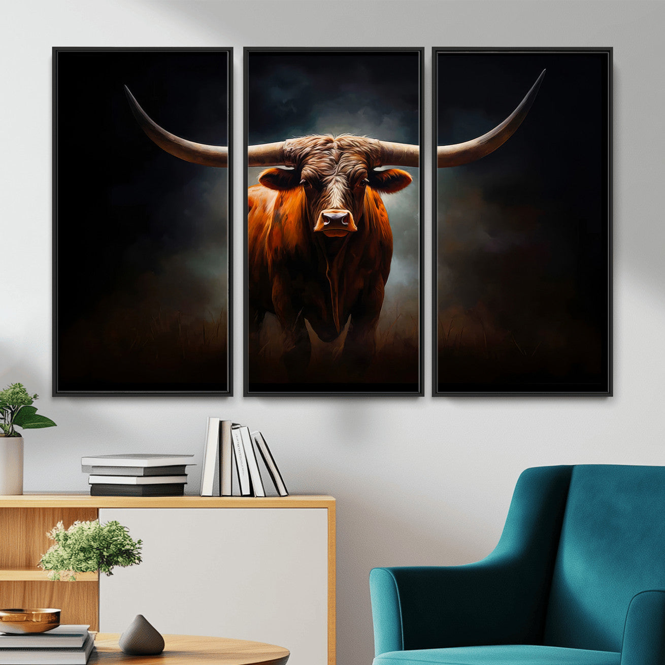 48896-MGV-CV-36X24 - Abstract Texas Longhorn Wall Art Print | 3-Panel Large Texas Longhorn Canvas Print for Living Room,