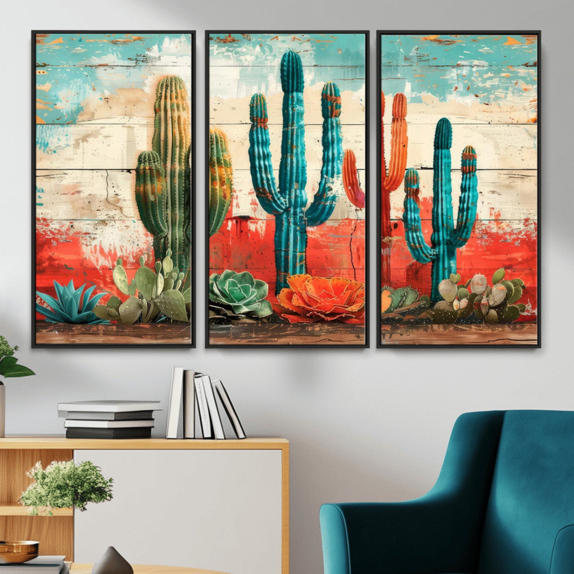 A vivid southwestern-style artwork featuring an eclectic mix of cacti and succulents painted against a textured, rustic wood backdrop in rich turquoise, red, and orange hues.