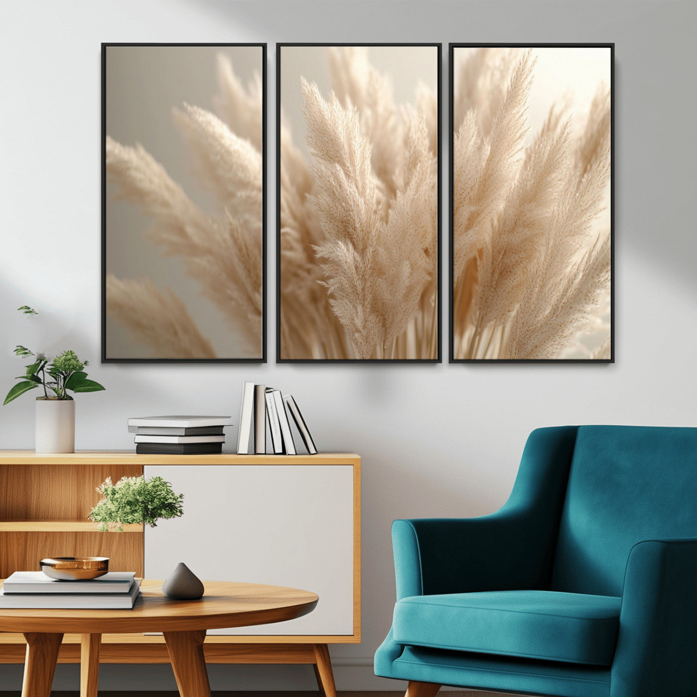 -Pampas Grass Canvas Wall Art - Elegant Neutral Decor for Living Room, Boho Minimalist Artwork, Ready
