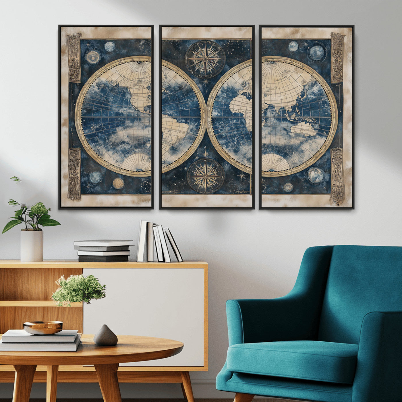 -Framed Vintage Blue World Map Canvas Print – Antique Double Hemisphere Wall Art for Home and Office Decor, Classic Explorer Map Artwork
