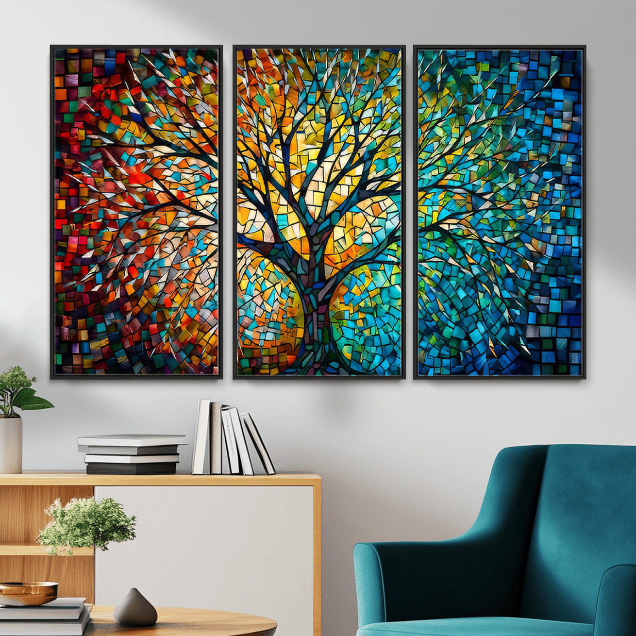 99325-MGV-CV-36X24 - Yggdrasil Tree of Life Wall Art Print Canvas | Mosaic Style 3-Panel Canvas Print