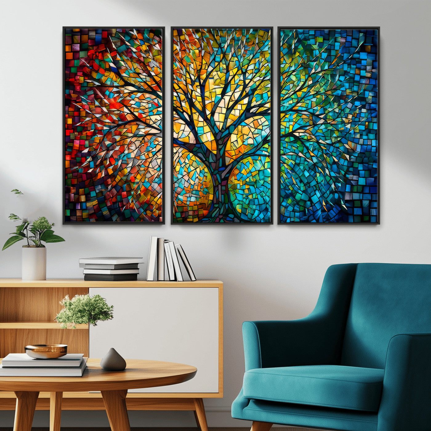 99325-MGV-CV-36X24-Yggdrasil Tree of Life Wall Art Print Canvas | Mosaic Style 3-Panel Canvas Print