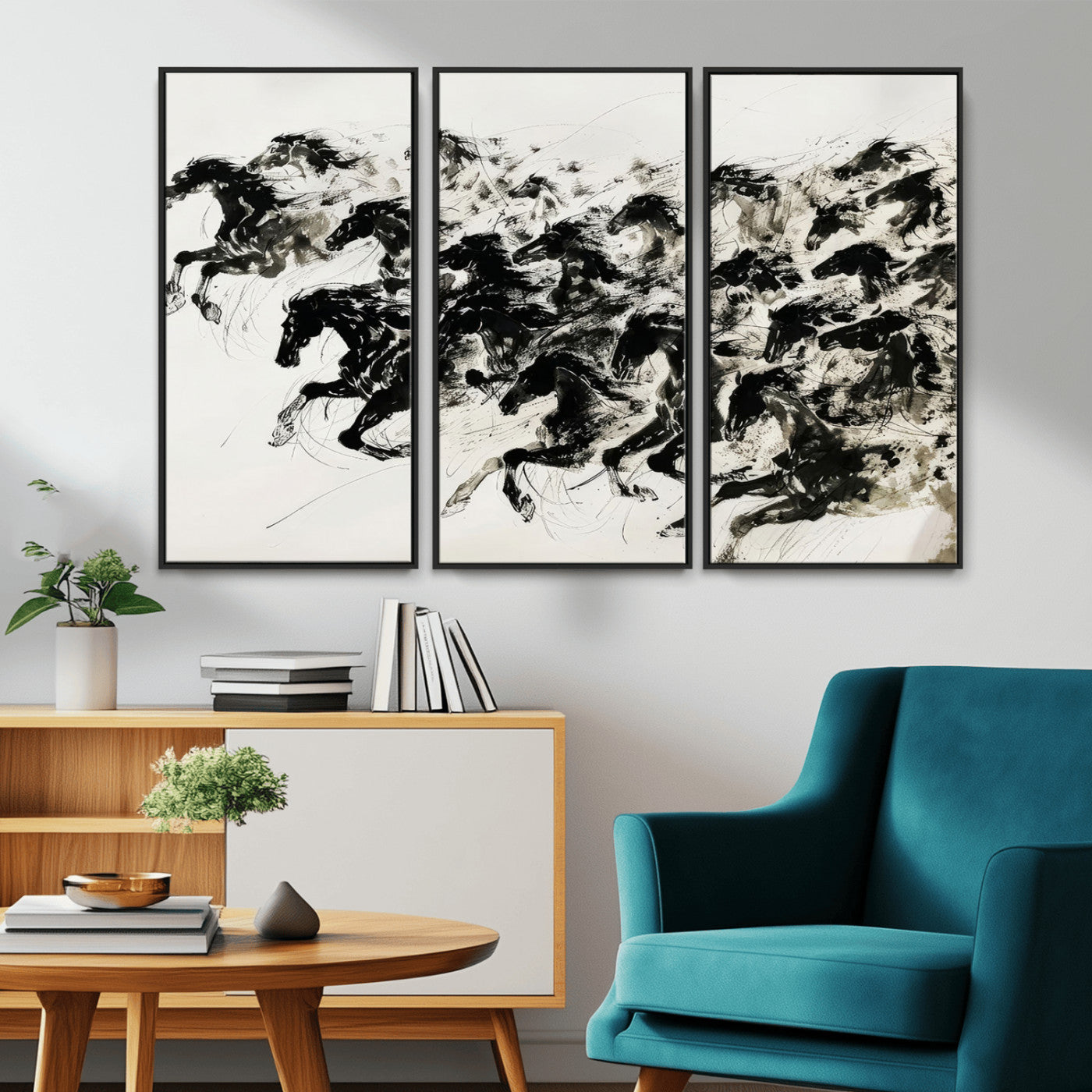 MGV-FC-48X32-3P - Abstract Horse Wall Art Canvas Print - Dynamic Black Ink Horse Print - Modern Equine Wall Decor for