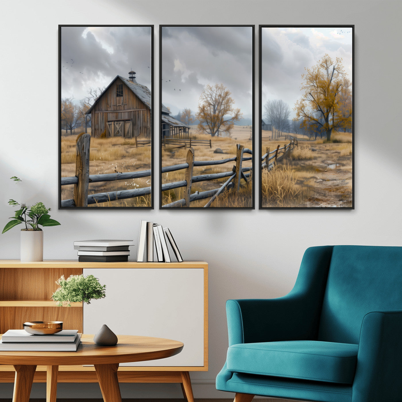 Farm1-MGV-CV-36X24-Rustic Autumn Farmhouse Wall Art Canvas Print – Serene Countryside Scene with Weathered Barn and