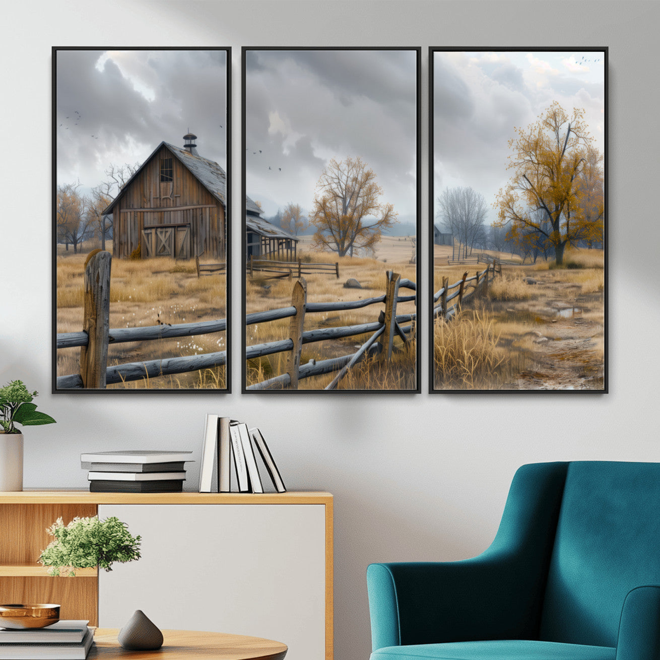 Farm1-MGV-CV-36X24 - Rustic Autumn Farmhouse Wall Art Canvas Print – Serene Countryside Scene with Weathered Barn and